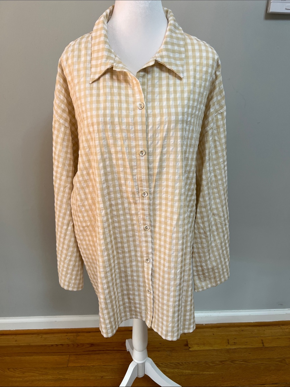 Princess Polly Tan Ginghamโ Oversized Button Down Shirt Blouse Size US 8